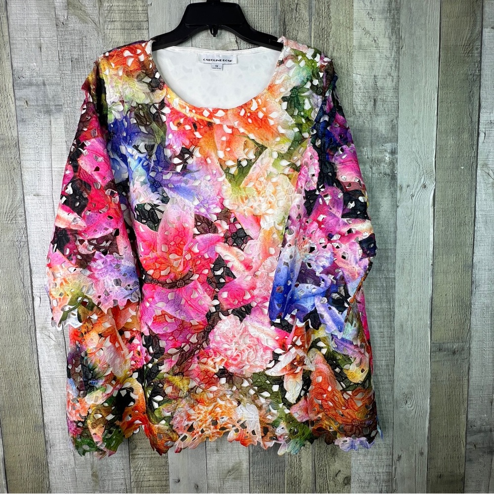 Caroline Rose Size 1X Crochet Lace Multicolor Lined 3/4 Sleeve Tunic Top Blouse
